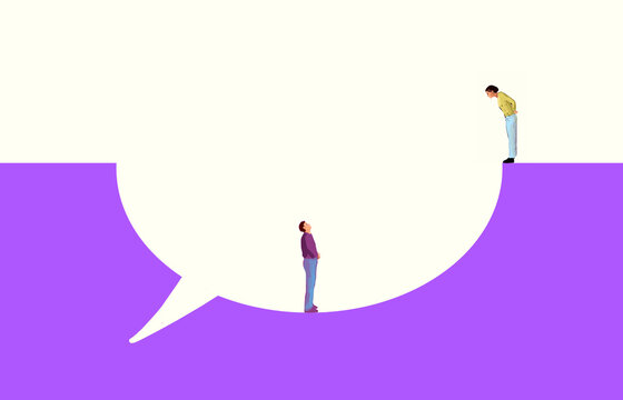 Woman looking down at man inside large speech bubble