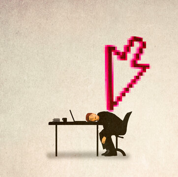 Oversized mouse cursor pointing at overworked man sleeping at desk