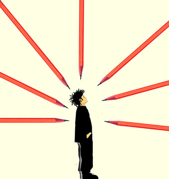 Illustration of oversized pencils pointing at teenage boy