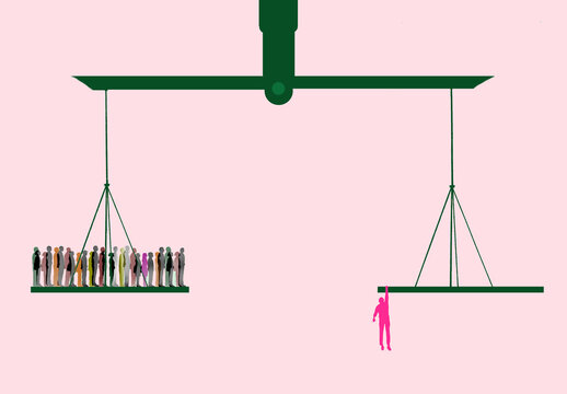 Group of people on one side and man hanging on other side of weighing scale portraying injustice
