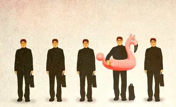 Group of serious businessmen with single one wearing inflatable swimming float