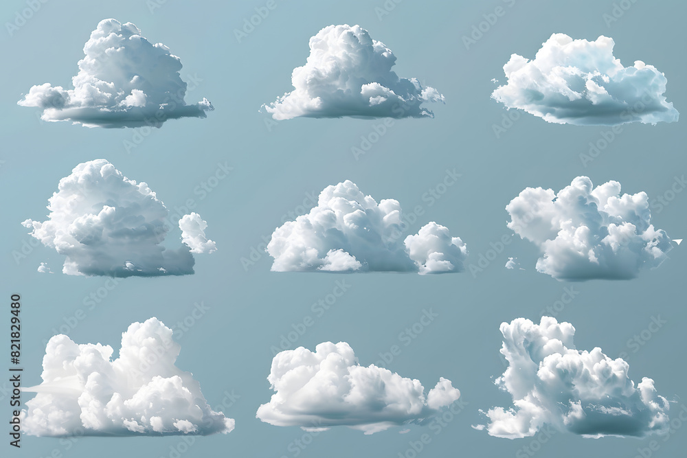 Wall mural Collection of small illustrations various types of clouds isolated on blue background