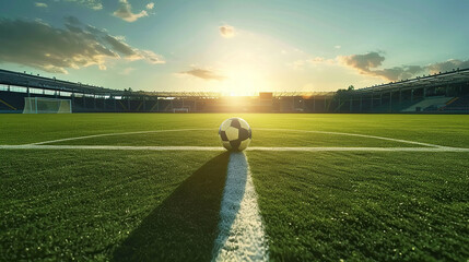 A soccer ball on a grassy field in a soccer stadium