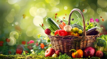 A picturesque scene of a wicker basket overflowing with vibrant vegetables amidst a nature background