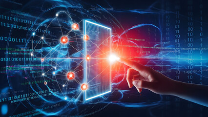 Digital technology, internet network connection concept. Finger touching on virtual screen with futuristic technology background, data exchange, digital transformation, illustration, cinematic.