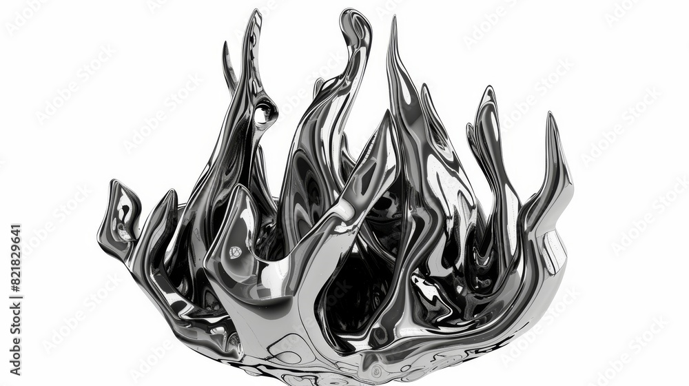 Poster 3d rendering illustration of abstract metallic melted modern burn form. the flame shape is in liquid