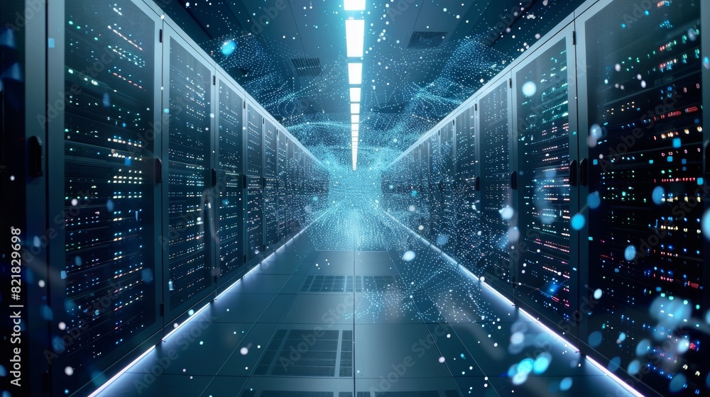 Poster connected digital brain connected to data center. stock ai concept.