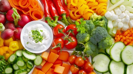 A vibrant, overhead shot of a colorful assortment of vegetables arranged around a central dip bowl