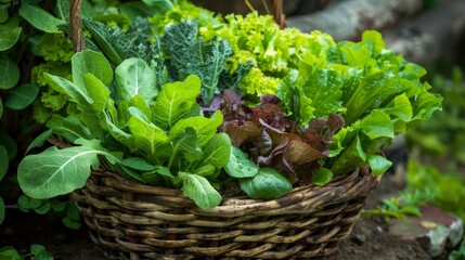 An assortment of fresh leafy greens in a wicker basket emphasizing healthy vegetarian food options