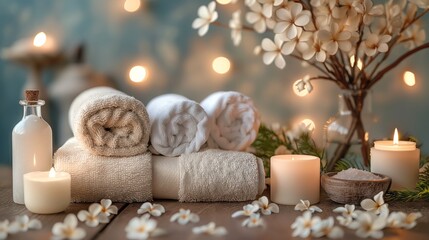 Spa accessory composition set in day spa hotel , beauty wellness center . Spa product are placed in luxury spa resort room , ready for massage therapy from professional service .