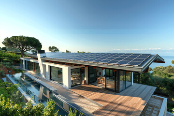Solar panels on the roof of a beautiful modern home 
