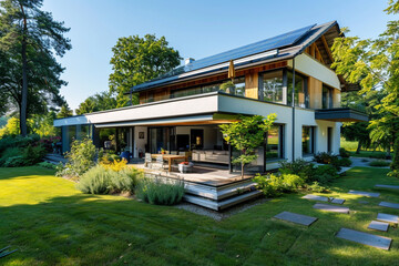 Solar panels on the roof of a beautiful modern home 