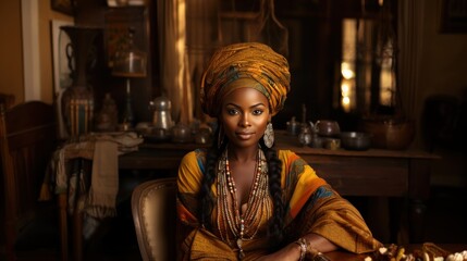 Graceful woman in traditional African attire and accessories, depicting beauty and cultural heritage