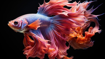 Fototapeta premium A Betta fish with flowing, bright fins creates a visual spectacle, showcased against a dark background