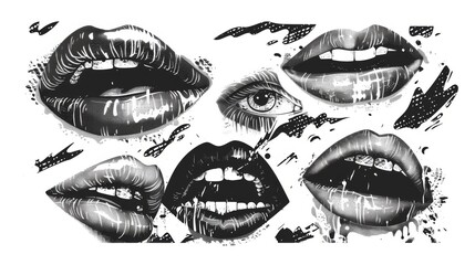 Collage elements as lips and eyes of women, scribble graffiti, pop art halftone collage with feminine mouths. Modern illustration, grunge y2k punk crazy art template elements.