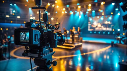 Close-up camera camera aimed at the studio for filming a talk show. Yellow and blue studio lighting. Filming a TV show, copy space