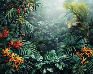 Naklejka premium A lush tropical rainforest with a variety of plants and flowers