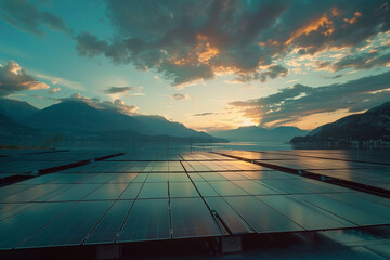 Solar Panels with a Backdrop of Mountains and Evening Sky 