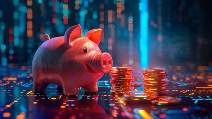 A pink pig piggy bank with gold coins beside it, isolated on a blue background. Investment success, savings concept - Stock AI