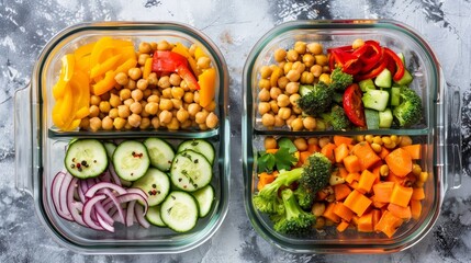Overhead view of meal prep containers with chickpeas, broccoli, and colorful veggies