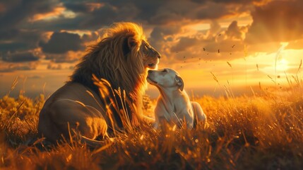 Lion of Triumph, represented by a lion and a dog in a serene meadow at sunset.