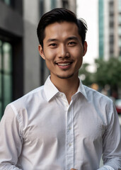 handsome Asian man dressed in a sleek, white dress shirt stands confidently with a radiant smile