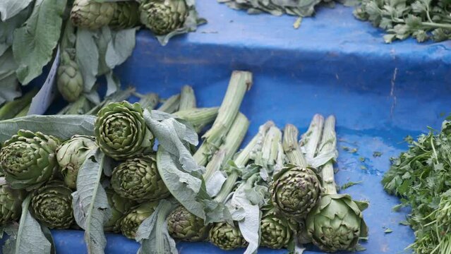  video of vegetables stand with fresh artichokes at the farmers market place in Urla Turkey. Regional cuisine, natural healthy food and abundance concept. High quality 4k footage