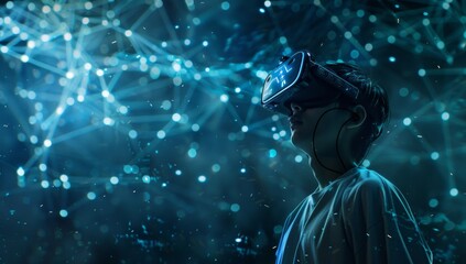 A young man wearing a VR headset in a dark hoodie standing inside a futuristic room with holographic AI digital data visualization around him, in the style of futuristic sci-fi art.