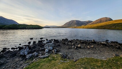 Lough Inagh, Connemara national park, county Galway, Ireland, lakeside landscape scenery with...