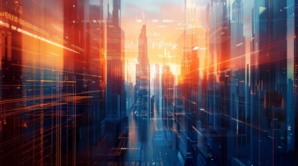 Fototapeta premium A skyscrapers background at sunset or sunrise, geometric pattern of towers, perspective graphic painting of buildings for financial, corporate and business brochures
