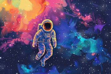 Naklejka premium Space Exploration, Space exploration, cosmic colors, starry background, cartoon drawing, water color style 