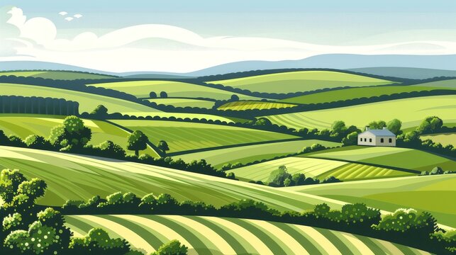 A rural landscape with rolling hills and fields, cut out from the city atmosphere
