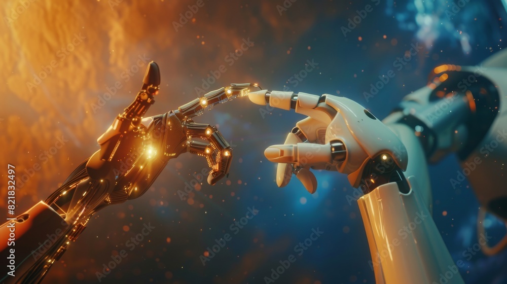Poster the robot and human hands are touching their index fingers in a gesture isolated on a white backgrou