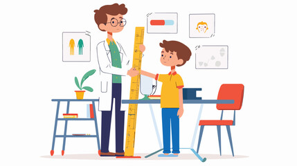 Pediatrician measuring kids height with stadiometer illustration