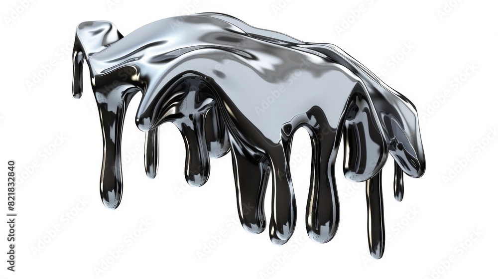 Fototapete a chrome metal melting fluid shape with abstract dripping liquid mercury metallic icon on a white ba