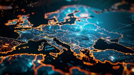 Fototapeta premium An abstract map of Western Europe with a concept of the European global network and connectivity, as well as data transfer options and cyber technology, and information exchange and