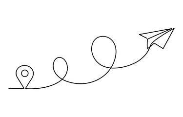 Continuous line drawing of paper plane, Continuous one line drawing Pointing location at map and paper plane, hand drawn way destination continuous contour,trendy template direction, gps navigation co