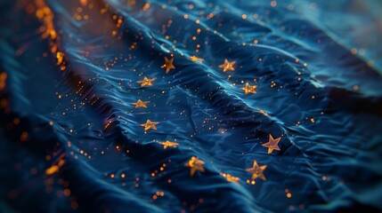 European Union blue flag, depiction of issue, problem, difficulty and crisis in Euro zone from the top