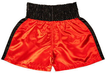 Red Muay Thai shorts isolated on white background, Boxing sports shorts, Muay Thai shorts on White...