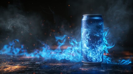 A metal can of energy drink with condensation flowing down it and a blue neon light on a black background. Copy space