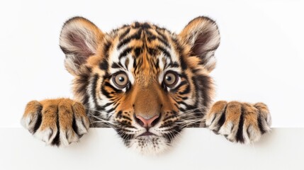 The curious tiger cub peers over a blank banner cut out from a book