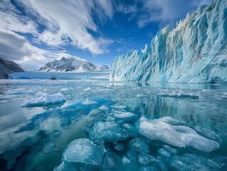 Stunning glacier with floating icebergs in clear blue water, under a bright sky with clouds.