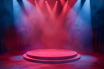 Empty stage of the theater, lit by spotlights before the performance. Red round podium on bright background.
