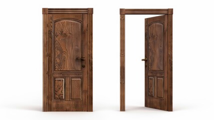 One closed and one open brown wooden doors are cut out