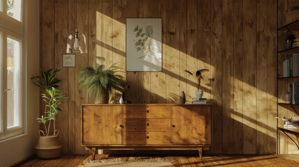 Decorated living room with a dresser and poster made of wood