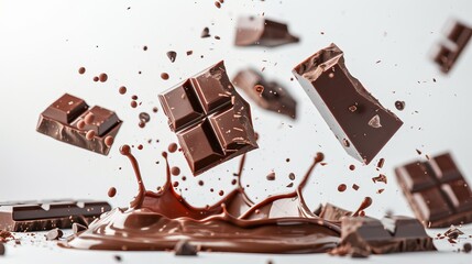 Chocolate bar pieces falling into chocolate splashes, cut out
