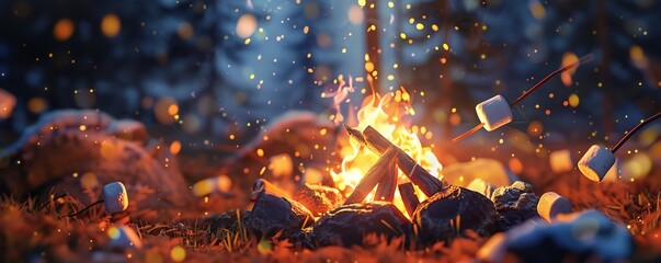 A cozy campfire burns brightly in a snowy forest