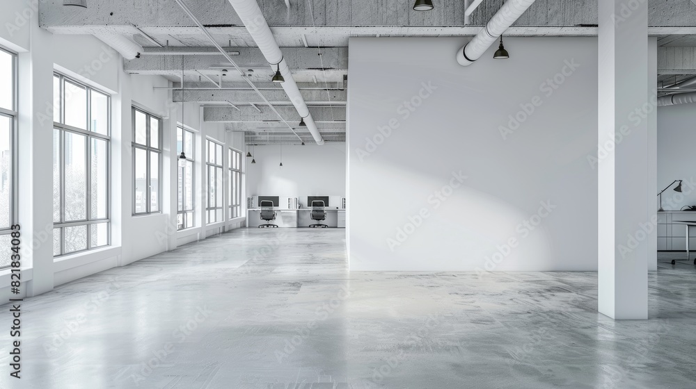 Wall mural Office corner with a blank wall in a white industrial open space