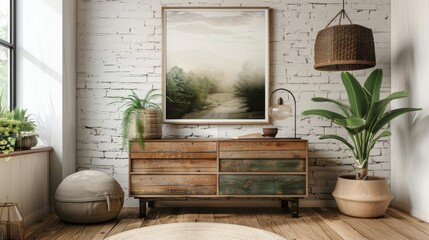An interior mockup of a modern living room with art decoration and drawers