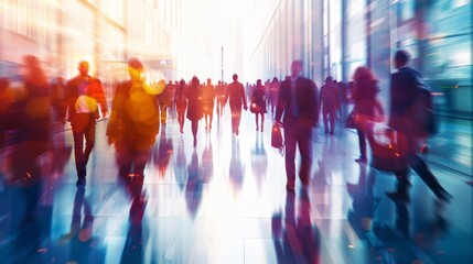 Blurred crowd of business people walking in an office corridor, captured with motion blur effect and bokeh background, the dynamic nature of the corporate industry and human resources environment